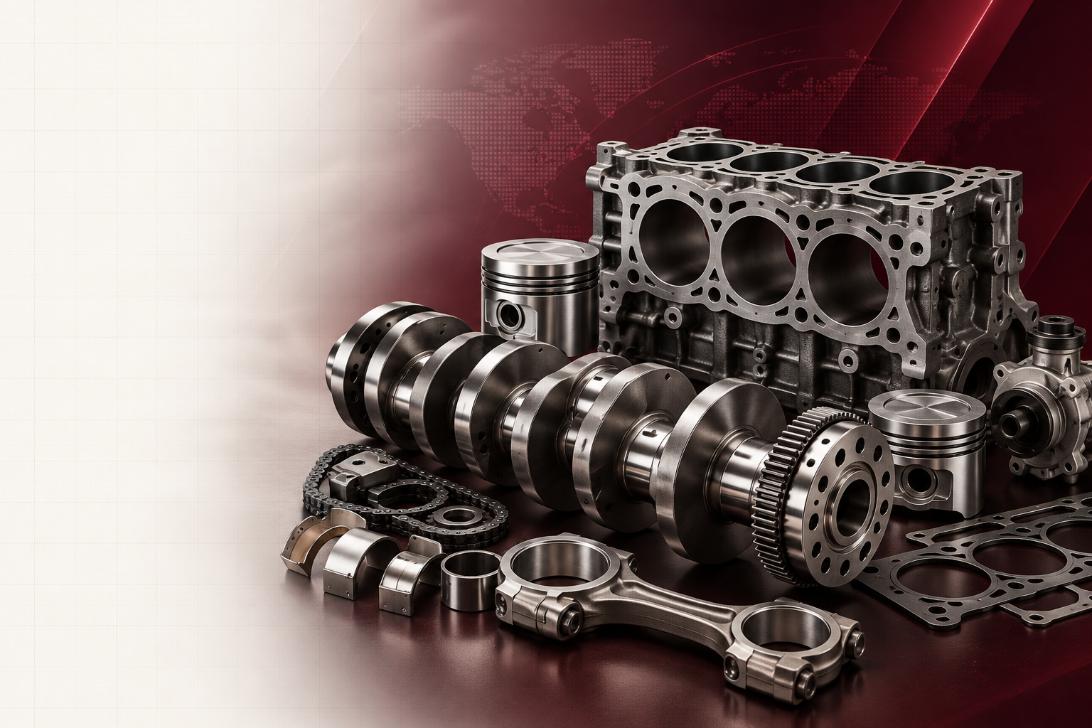 Engine crankshaft, pistons and cylinder components